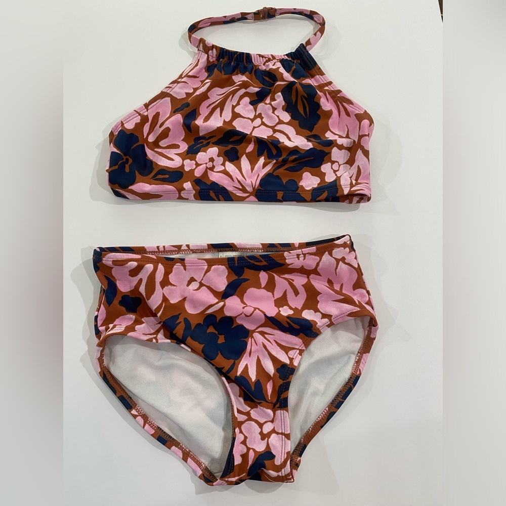 Girls Oshkosh 2 piece floral tankini pink, brown and navy size 12